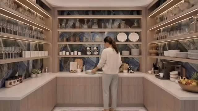 Butler's pantry with open shelving, blue stone backsplash, and pale oak cabinetry