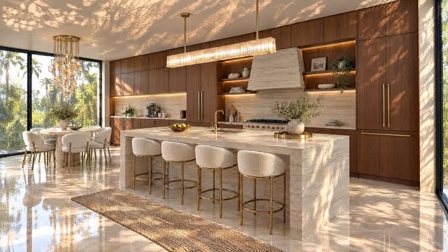 Walnut and travertine kitchen with plaster hood and bouclé counter stools