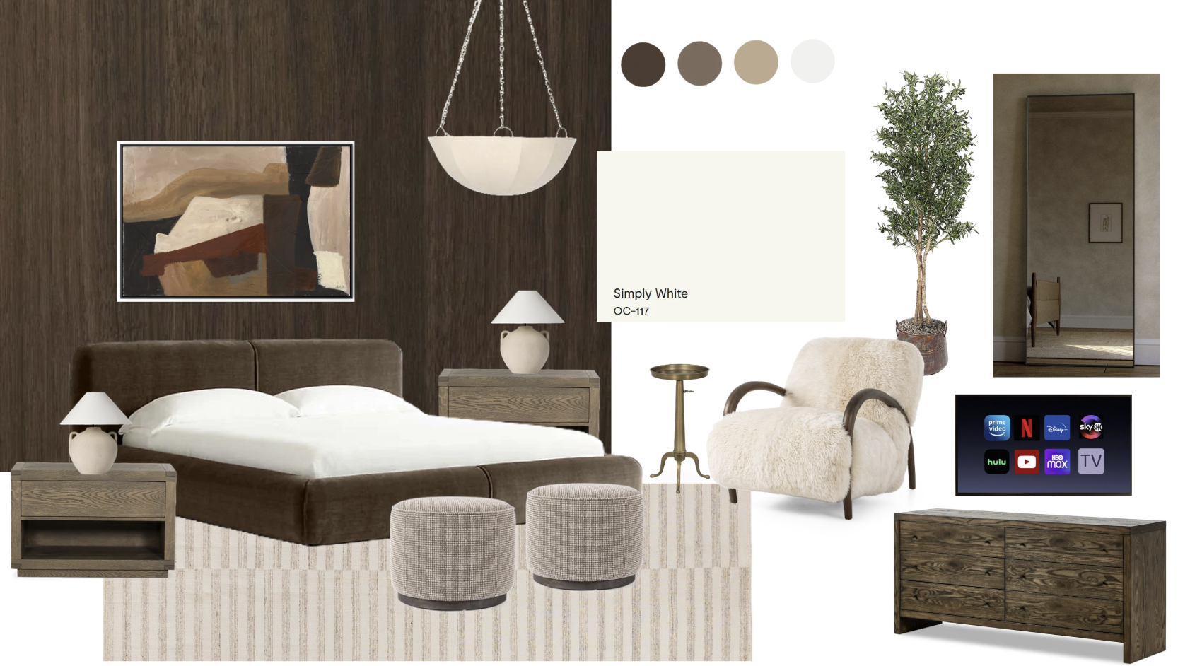 Curated 2D mood board with finishes, furniture, and palette