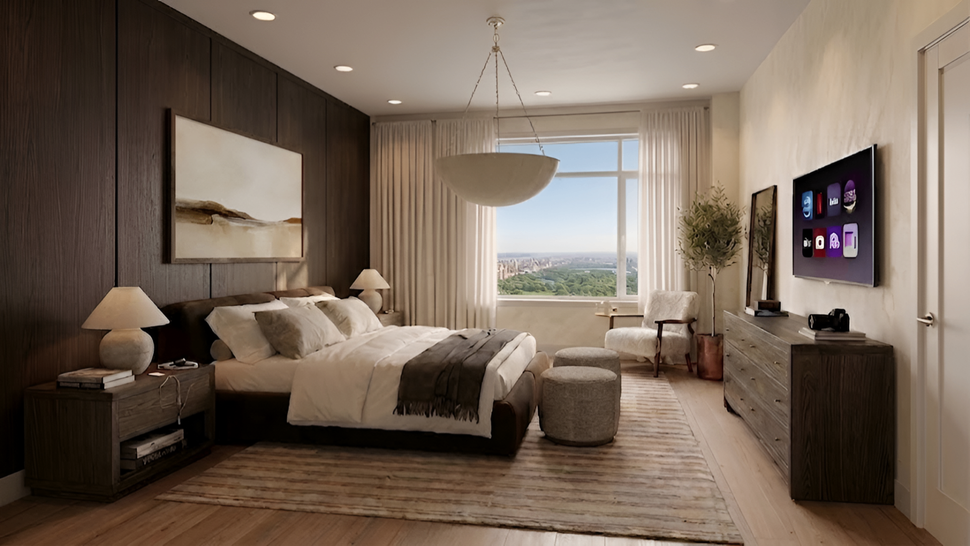 Warm contemporary bedroom with dark oak paneling, layered linens, and a park view