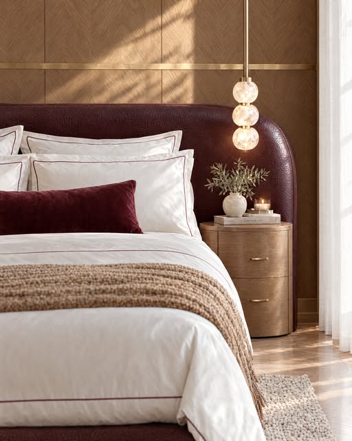 Primary suite detail with layered linens, walnut nightstand, and soft glass lighting