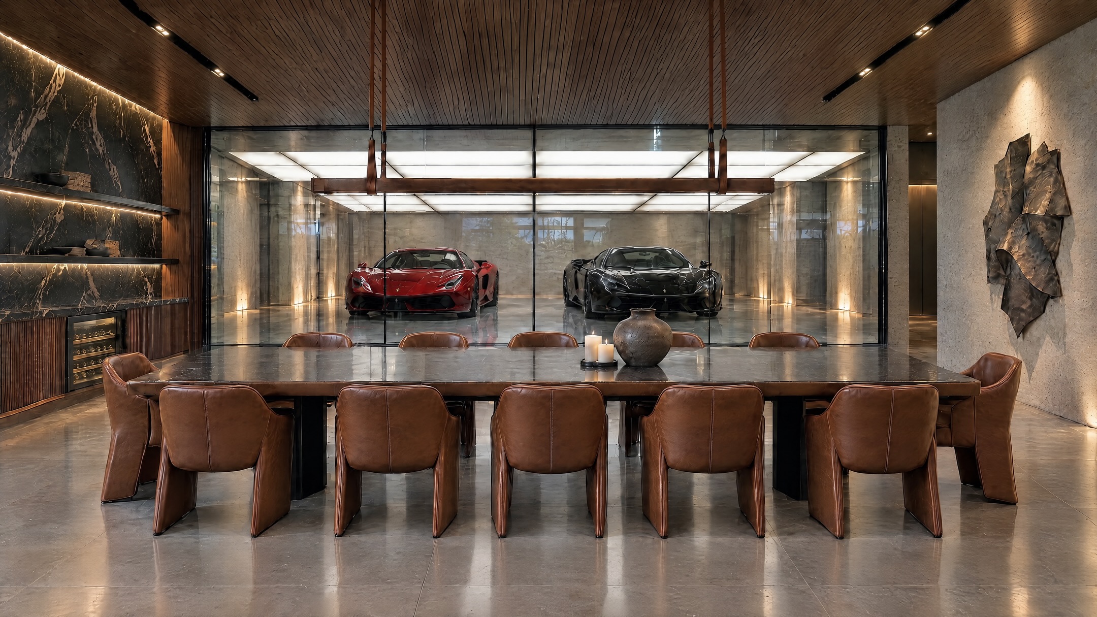 Leather dining chairs and a long stone table in a gallery-like dining room