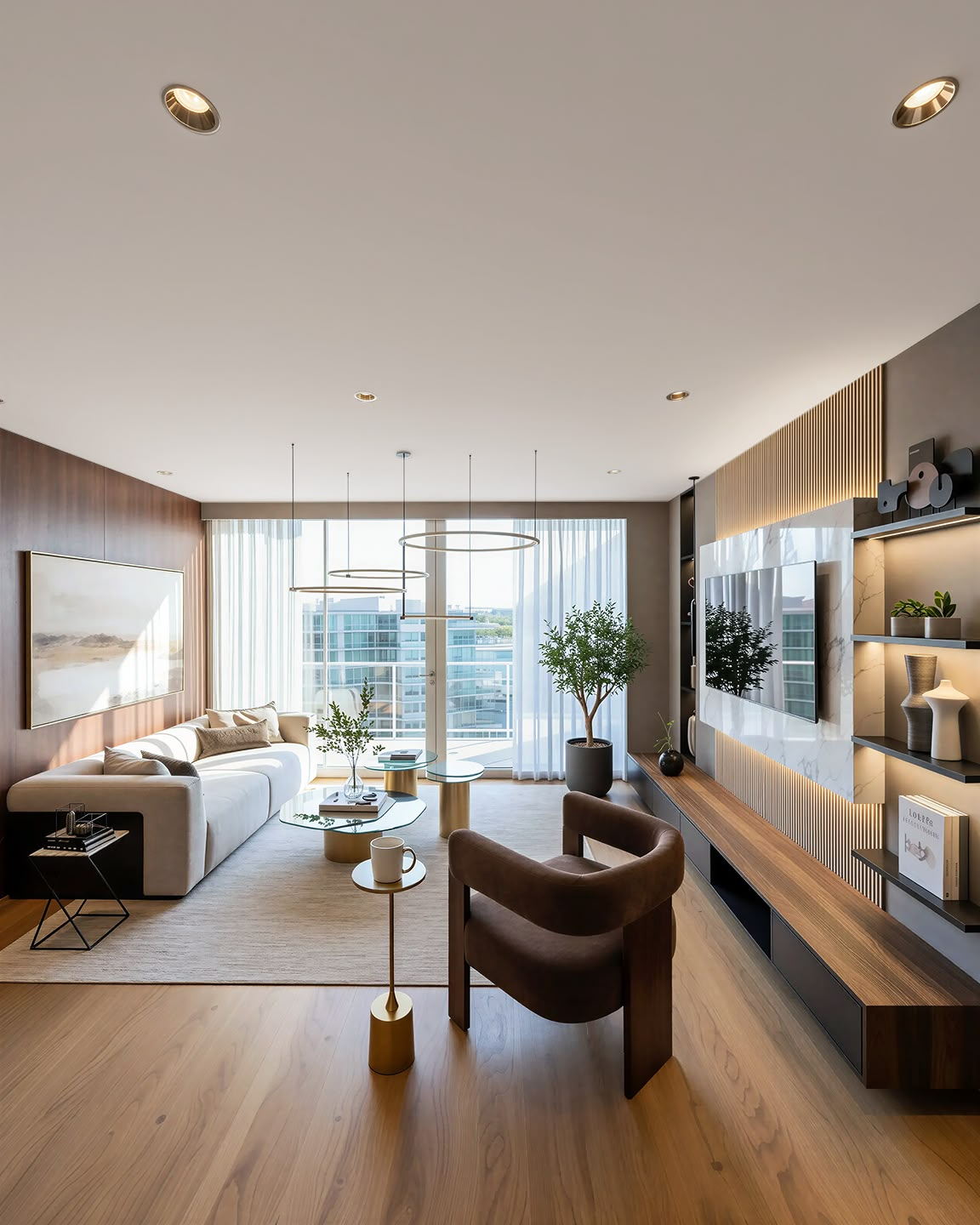 Contemporary high-rise living room with walnut media wall, sculptural lighting, and city view