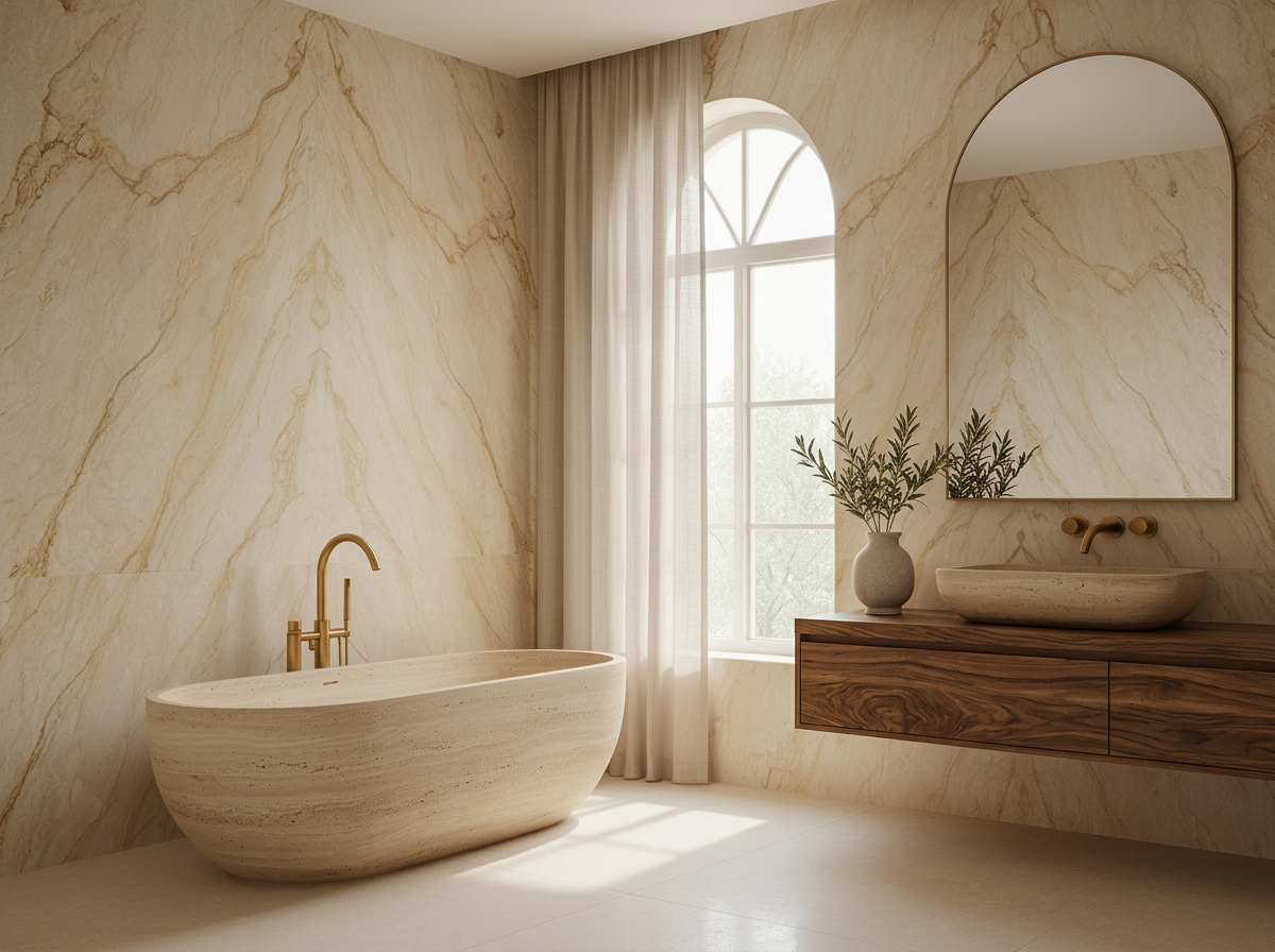 Primary bathroom with bookmatched calacatta viola marble and sculptural travertine bathtub