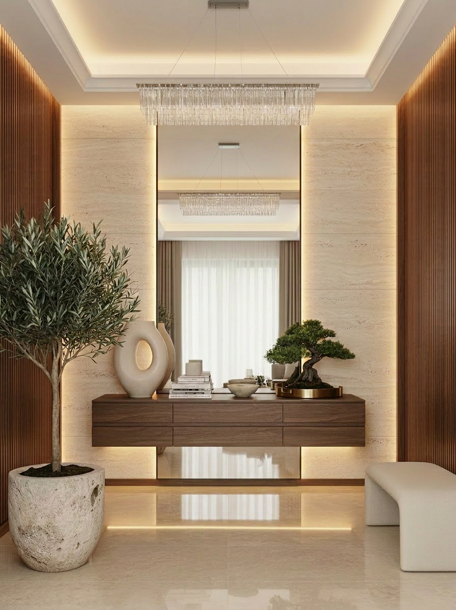 Styled living space with natural textures and warm, layered furnishings